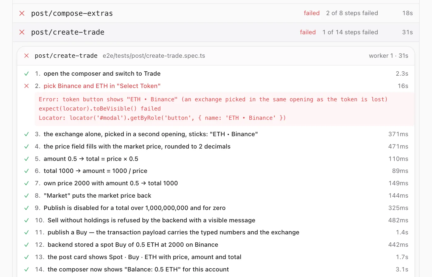 A web end-to-end run with a create-trade journey opened: fourteen numbered steps, one red with the assertion that broke, the rest green with their timings.