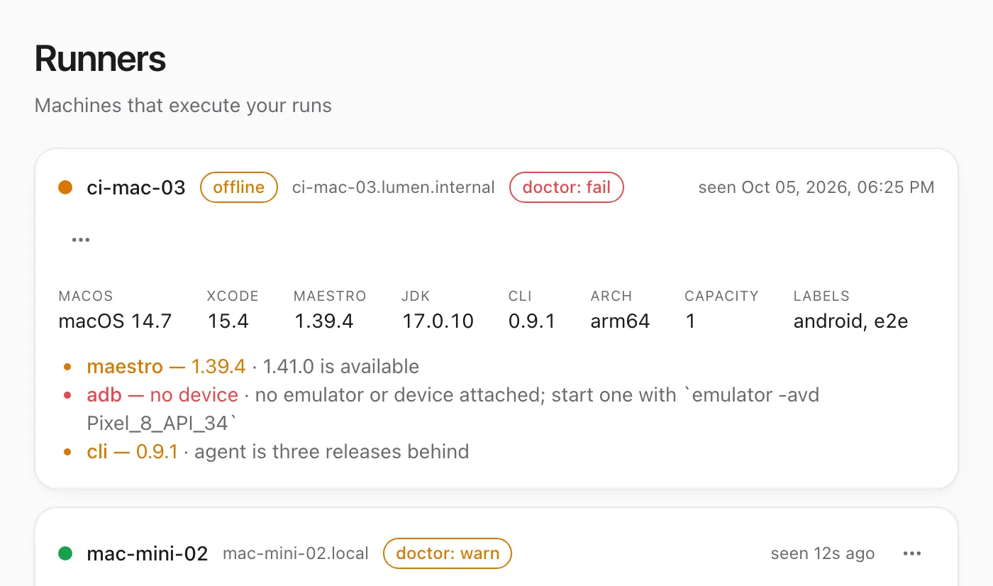 A list of enrolled Mac runners with their Xcode, Maestro and JDK versions and health checks.